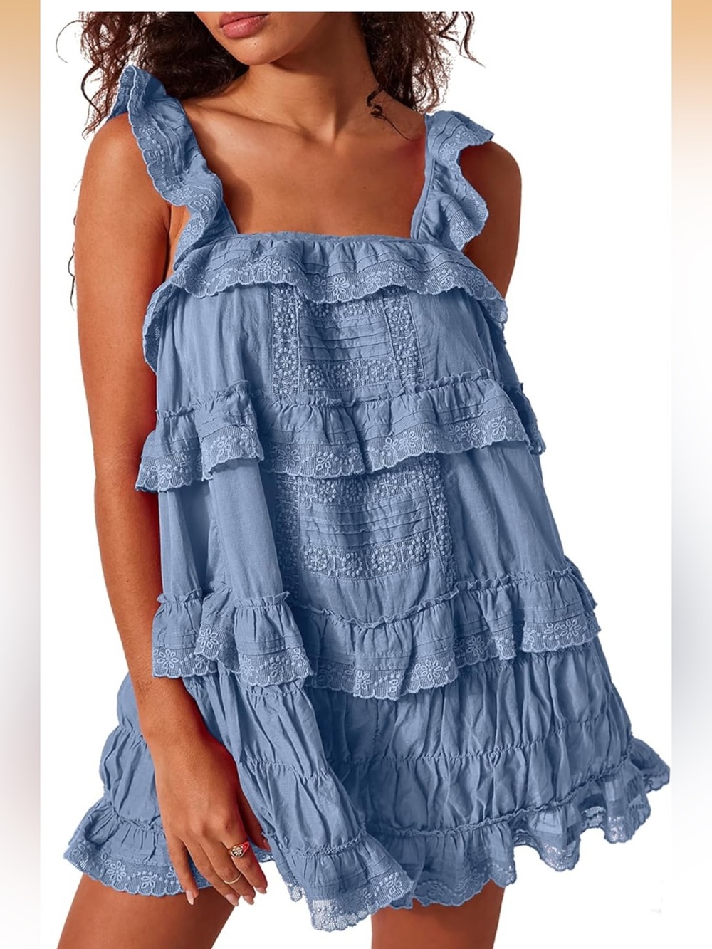 Blue Ruffled Lace-Trim Sundress